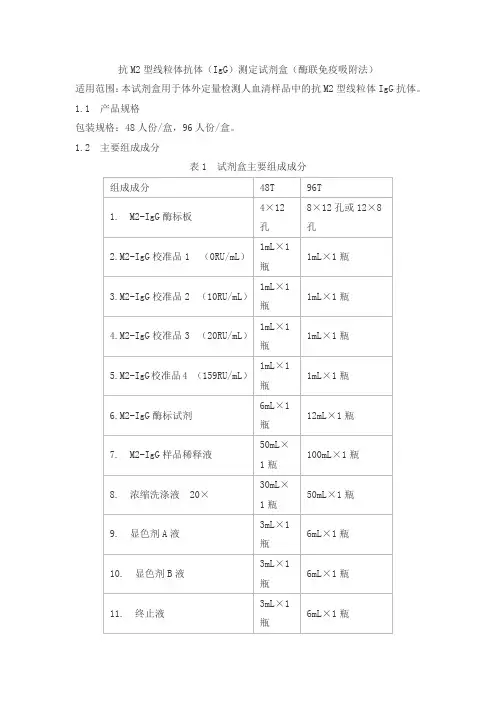 抗M2型线粒体抗体(IgG)测定试剂盒(酶联免疫吸附法)产品技术要求万泰