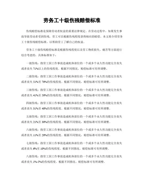 劳务工十级伤残赔偿标准