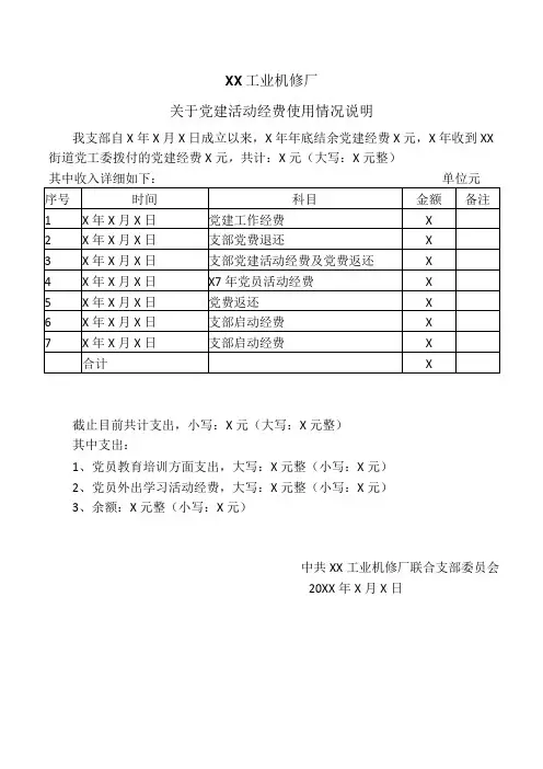 XX工业机修厂关于党建活动经费使用情况说明(2023年)