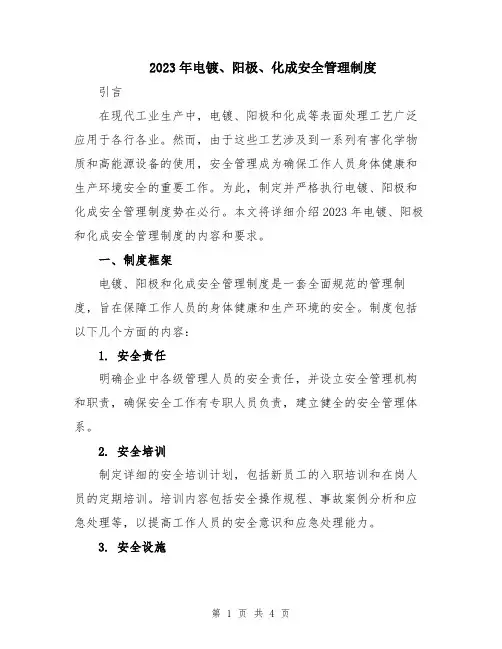 2023年电镀、阳极、化成安全管理制度