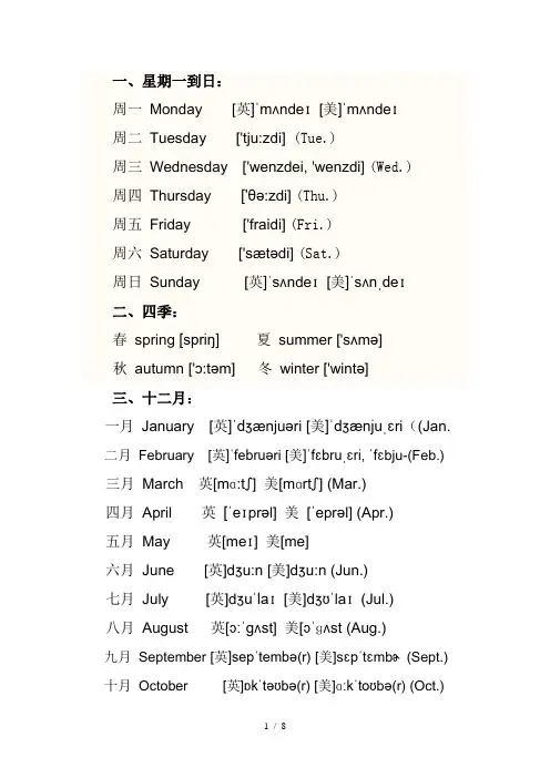 星期一到星期日、月份及数字的英语单词