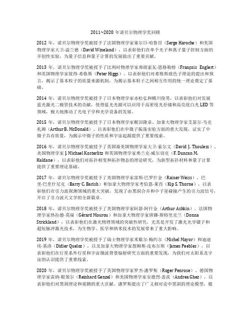 2011~2020年诺贝尔物理学奖回顾