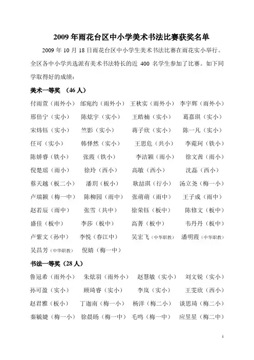 2009年雨花台区中小学美术书法比赛获奖名单
