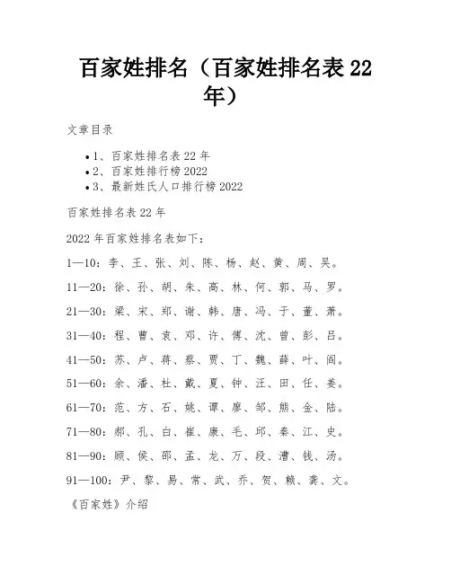 百家姓排名(百家姓排名表22年)