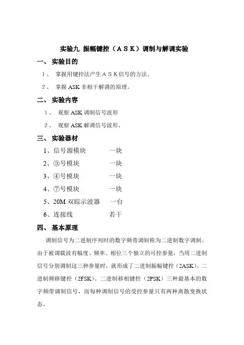振幅键控(ASK)调制与解调实验报告