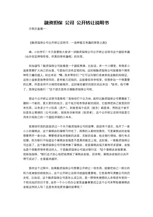 融资担保 公司 公开转让说明书
