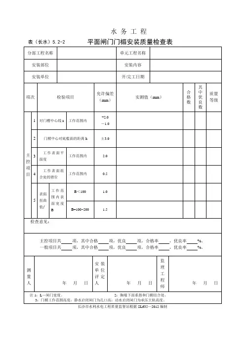 表(长水)5.2-2 平面闸门门楣安装质量检查表