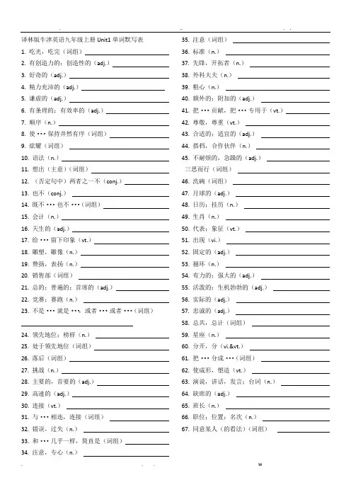 译林版九年级上册英语单词默写打印版