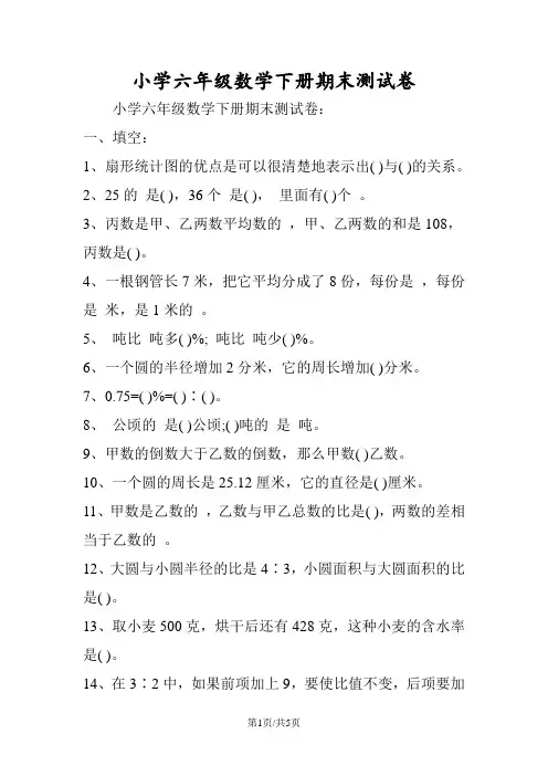 小学六年级数学下册期末测试卷