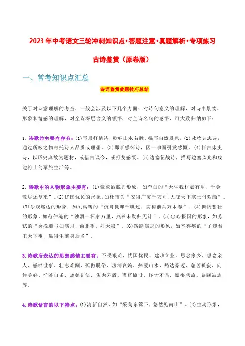 古诗鉴赏-2023年中考语文三轮冲刺知识点+答题注意+真题解析+专项练习(原卷版+解析)