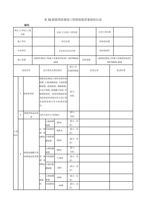 表33树脂类防腐蚀工程检验批质量验收记录
