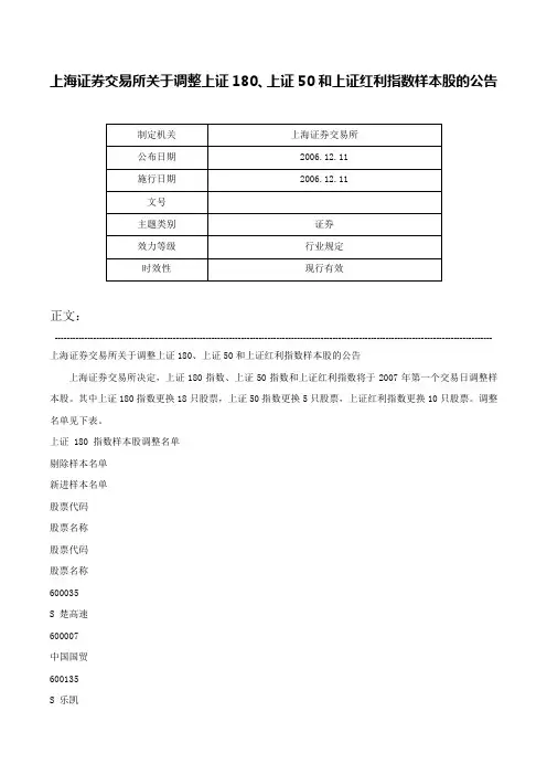 上海证券交易所关于调整上证180、上证50和上证红利指数样本股的公告-