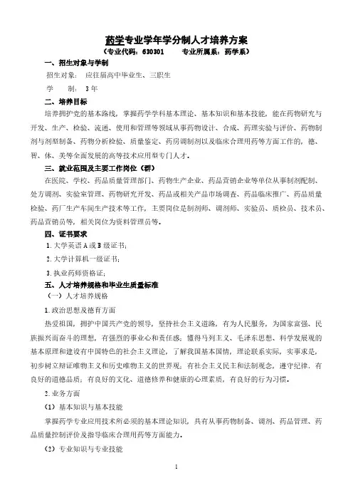 【免费下载】高职药学专业人才培养方案