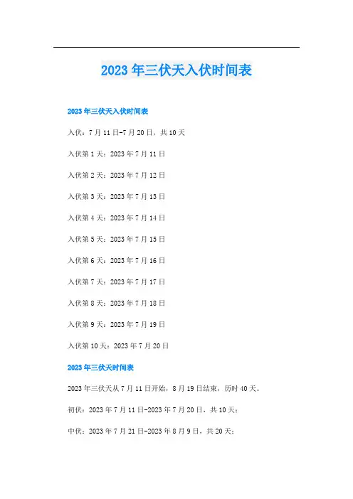 2023年三伏天入伏时间表
