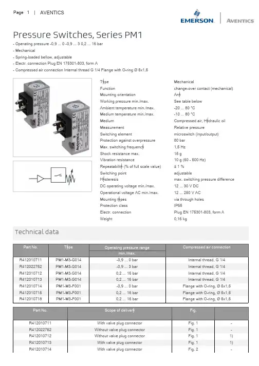 AVENTICS 压力开关Series PM1 用户操作手册说明书