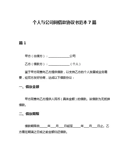 个人与公司间借款协议书范本7篇
