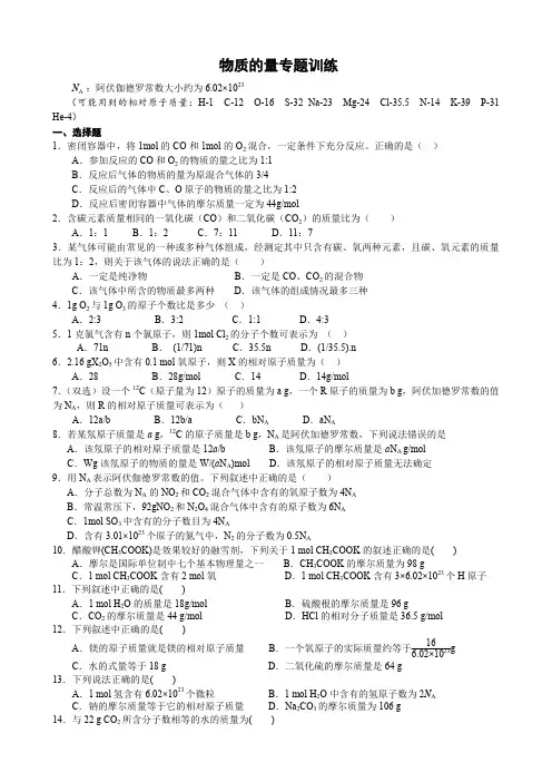 上海市中考化学专题 物质的量专题