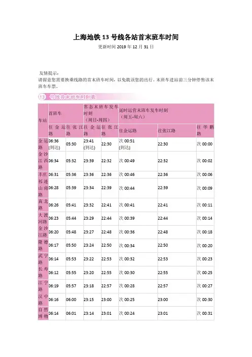 上海地铁13号线各站首末班车时间(更新时间2019年12月31日)