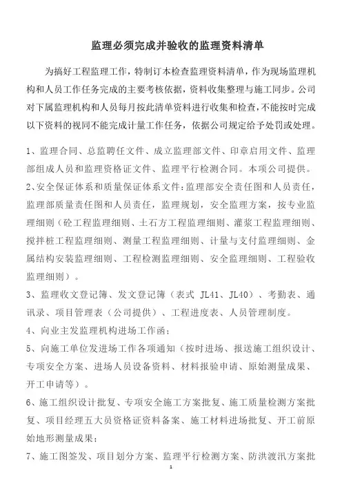 监理必须完成并验收的监理资料清单