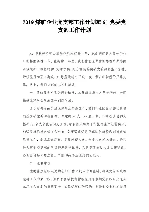 2019煤矿企业党支部工作计划范文-党委党支部工作计划