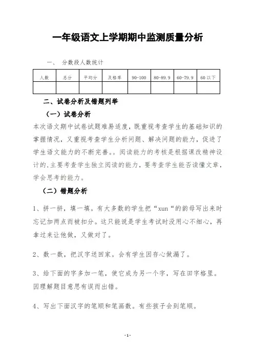 一年级上册语文期中检测质量分析