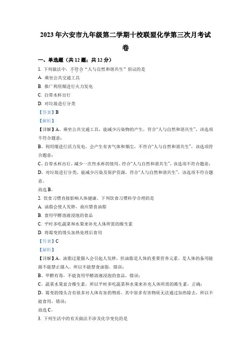 安徽省六安市十校联盟2022-2023学年九年级下学期第三次月考化学试题(解析版)