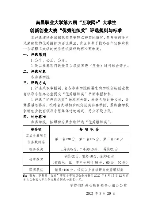 南昌职业大学第六届互联网+大赛优秀组织奖评选规则与标准