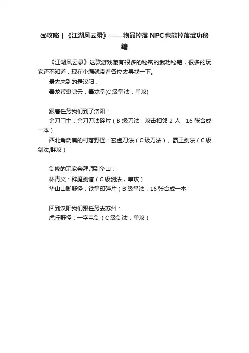 ㈤攻略丨《江湖风云录》——物品掉落NPC也能掉落武功秘籍