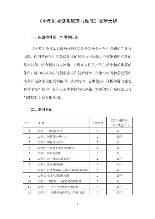 《小型制冷设备原理与维修》实验教学大纲