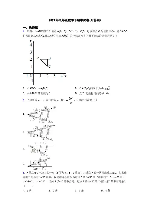 2019年九年级数学下期中试卷(附答案)