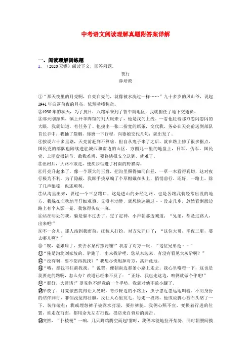 (最新版)江苏中考语文现代文阅读练习题真题带答案共20篇