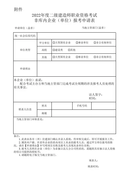 2022年度二级建造师职业资格考试非库内企业(单位)报考申请表