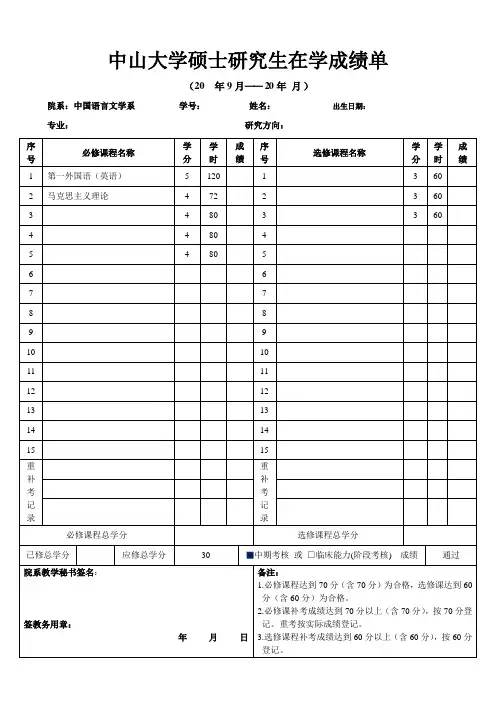 中山大学硕士研究生在学成绩单