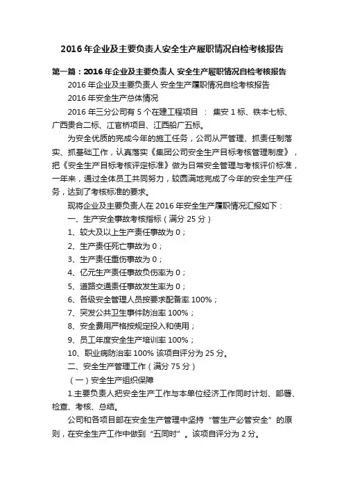 2016年企业及主要负责人安全生产履职情况自检考核报告