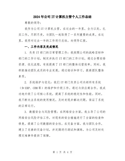 2024年公司IT计算机主管个人工作总结