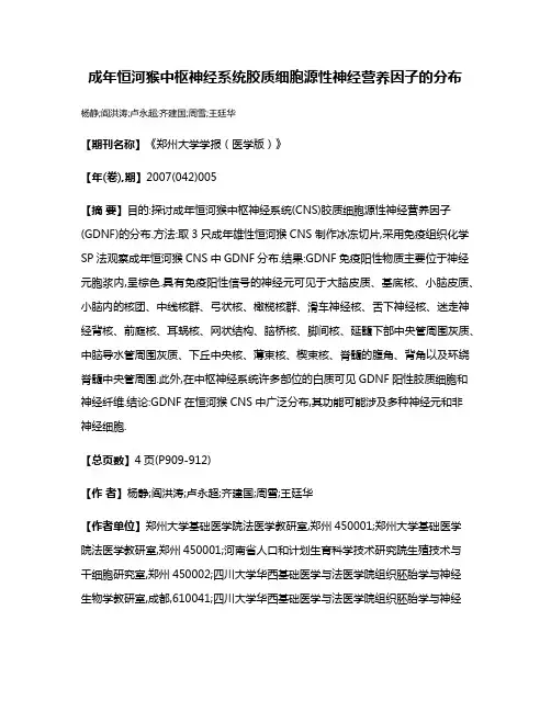 成年恒河猴中枢神经系统胶质细胞源性神经营养因子的分布