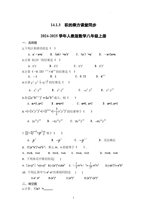 14.1.3  积的乘方 同步练习 2024-2025学年人教版八年级数学上册 