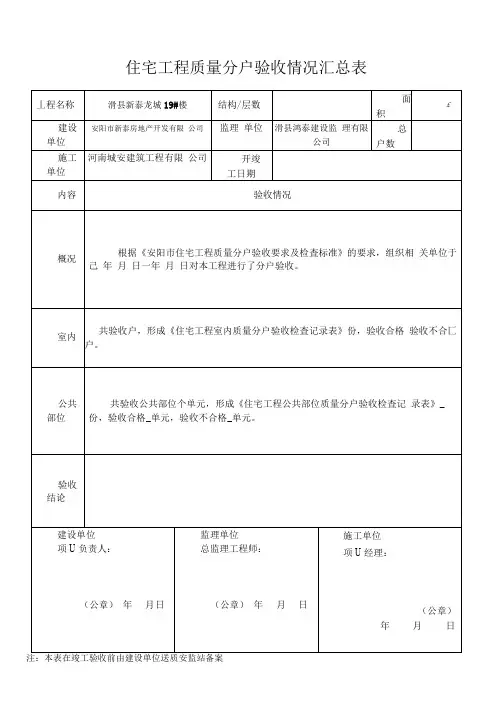住宅工程质量分户验收情况汇总表