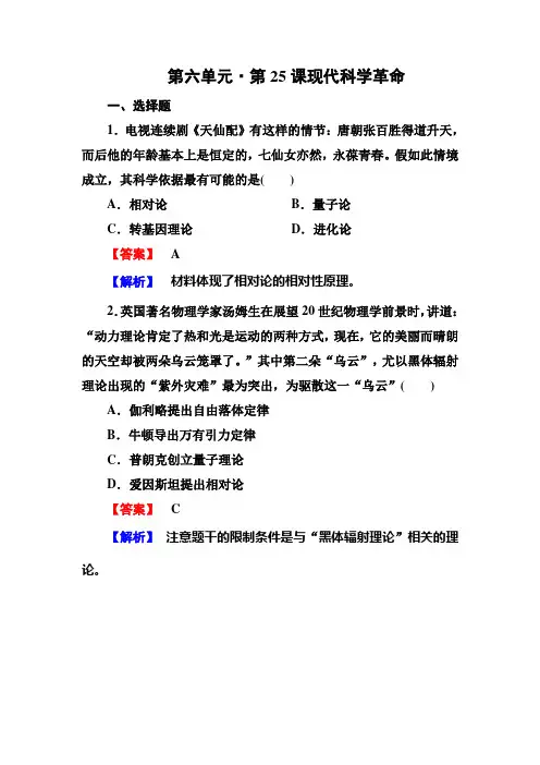高二历史必修3(岳麓版)同步练习：6-25现代科学革命
