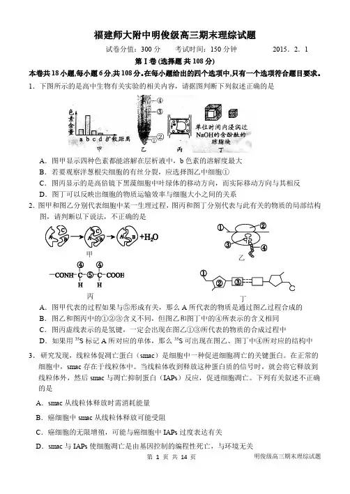福建省师大附中2015届高三上学期期末考试理科综合试题 pdf版含答案
