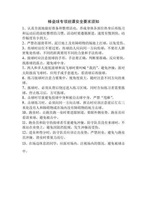 棒垒球专项班课安全要求须知