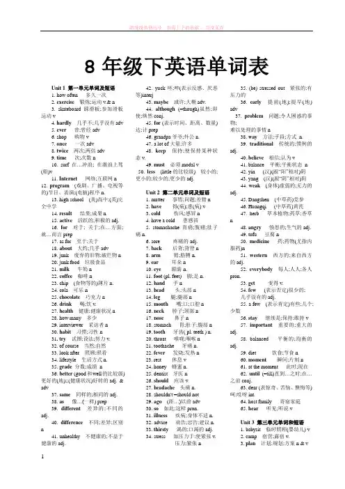 人教版初中八年级年级英语单词表