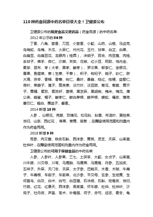 110种药食同源中药名单目录大全！卫健委公布