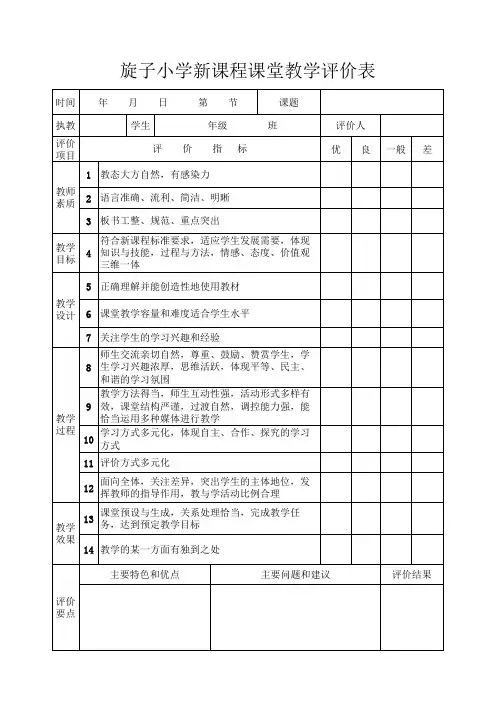 小学新课程课堂教学评价表