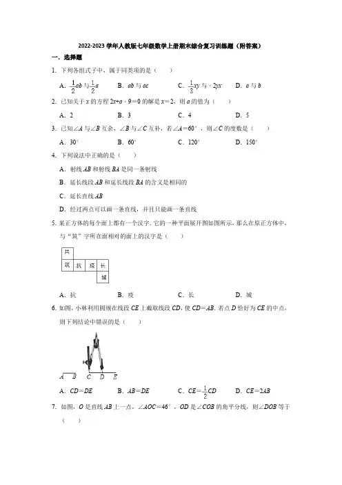2022-2023学年人教版七年级数学上册期末综合复习训练题(附答案)