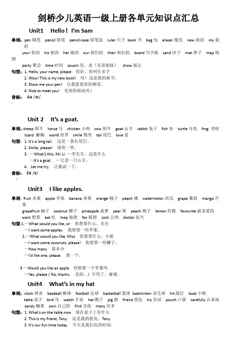 剑桥少儿英语一级上册各单元知识点汇总