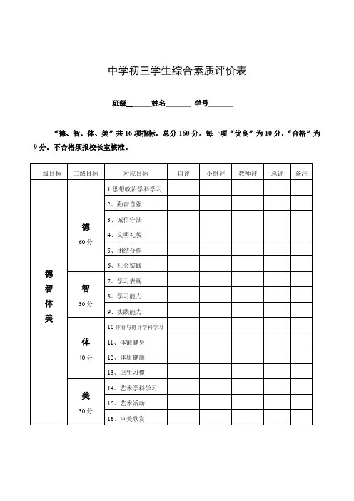 初三学生综合素质评价表样表