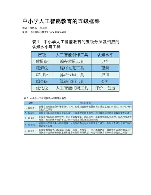 中小学人工智能教育的五级框架