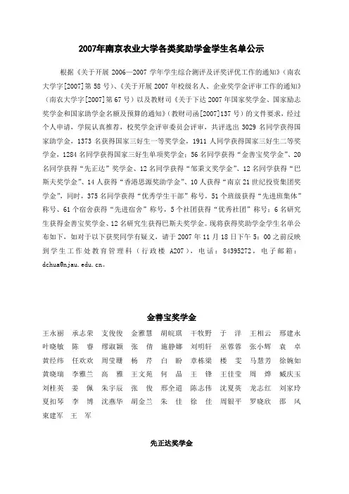 2007年南京农业大学各类奖助学金学生名单公示