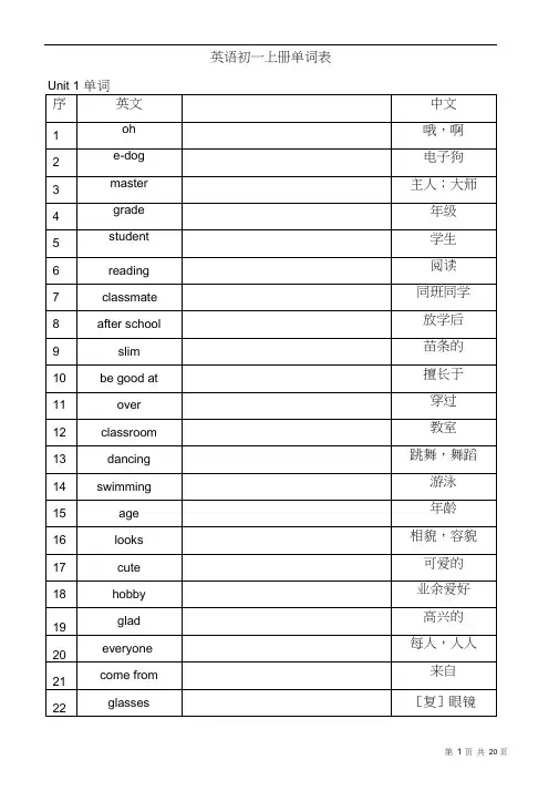 苏教版七年级上册英语单词默写本